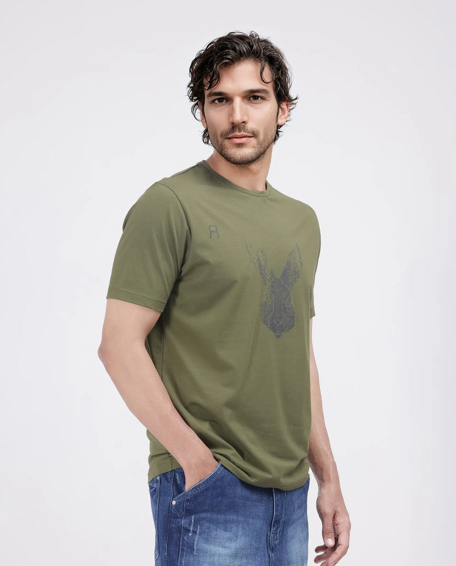 Rare Rabbit Men's Log Green Cotton Blend Graphic Print Regular Fit Half Sleeve Crew Neck T-Shirt