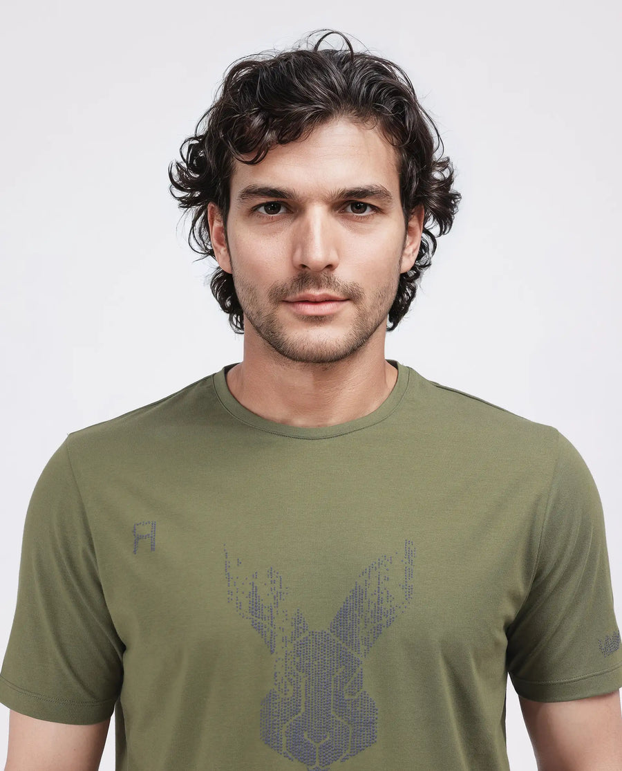 Rare Rabbit Men's Log Green Cotton Blend Graphic Print Regular Fit Half Sleeve Crew Neck T-Shirt