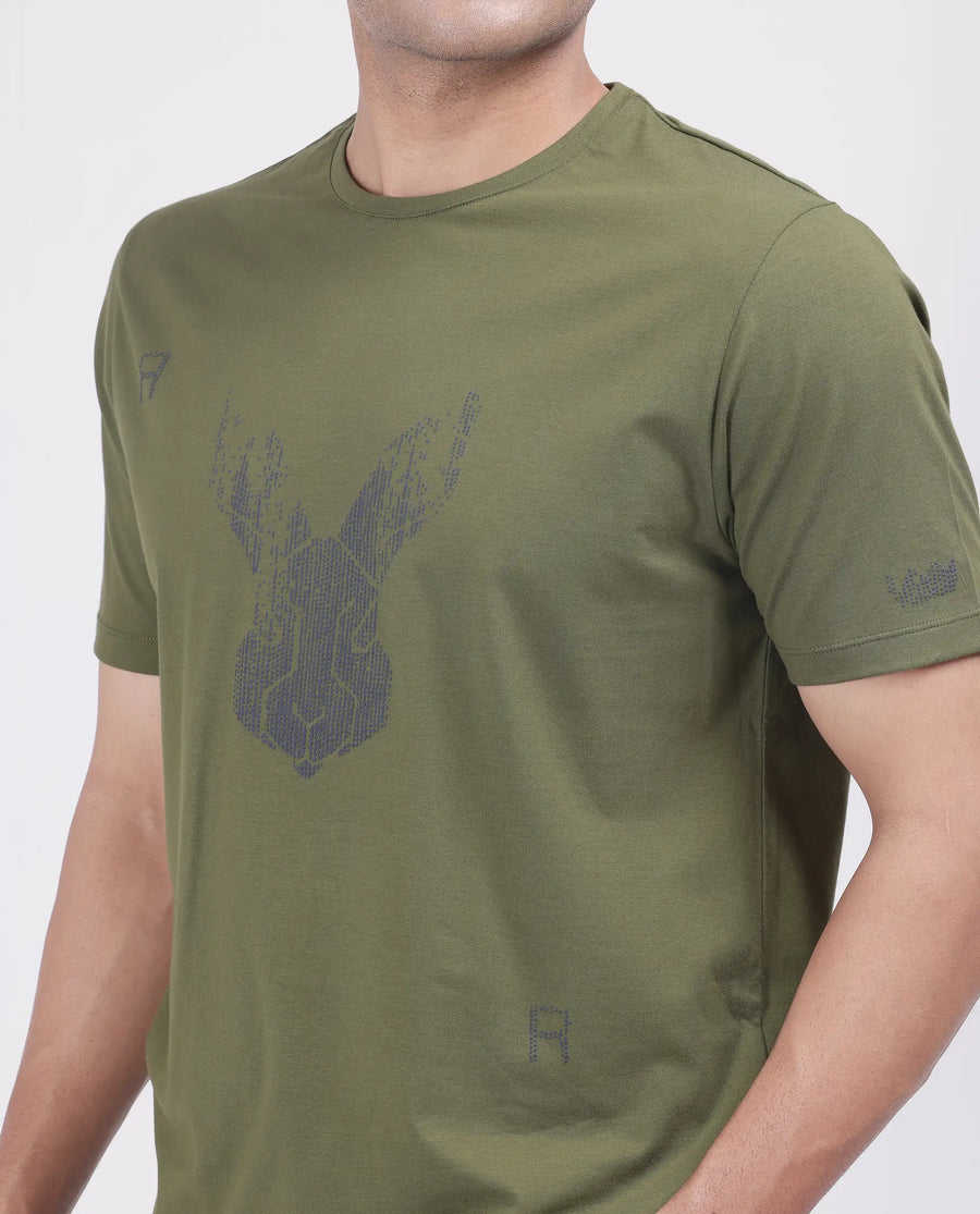 Rare Rabbit Men's Log Green Cotton Blend Graphic Print Regular Fit Half Sleeve Crew Neck T-Shirt