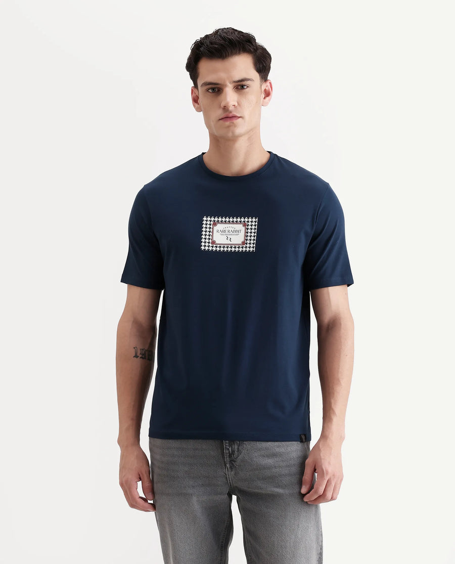 Rare Rabbit Men's Logi Teal Cotton Blend Graphic Print Regular Fit Half Sleeve Crew Neck T-Shirt