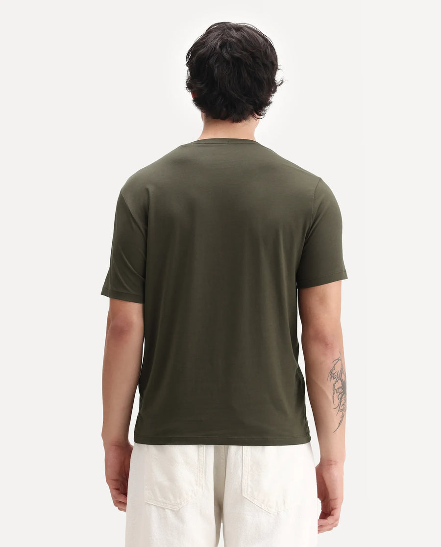 Rare Rabbit Men's Logi Dark Olive Cotton Blend Graphic Print Regular Fit Half Sleeve Crew Neck T-Shirt