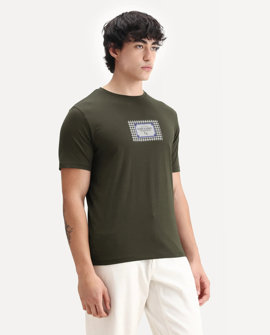 Rare Rabbit Men's Logi Dark Olive Cotton Blend Graphic Print Regular Fit Half Sleeve Crew Neck T-Shirt