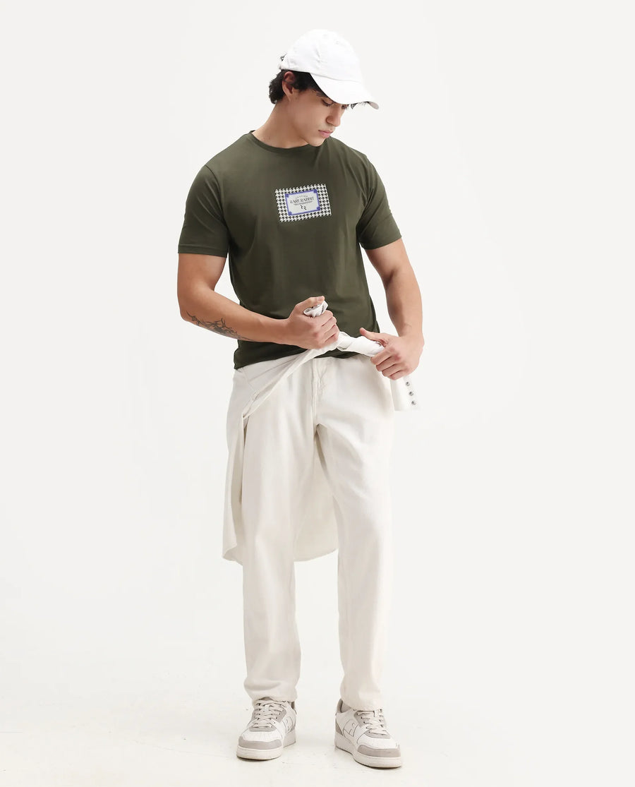 Rare Rabbit Men's Logi Dark Olive Cotton Blend Graphic Print Regular Fit Half Sleeve Crew Neck T-Shirt