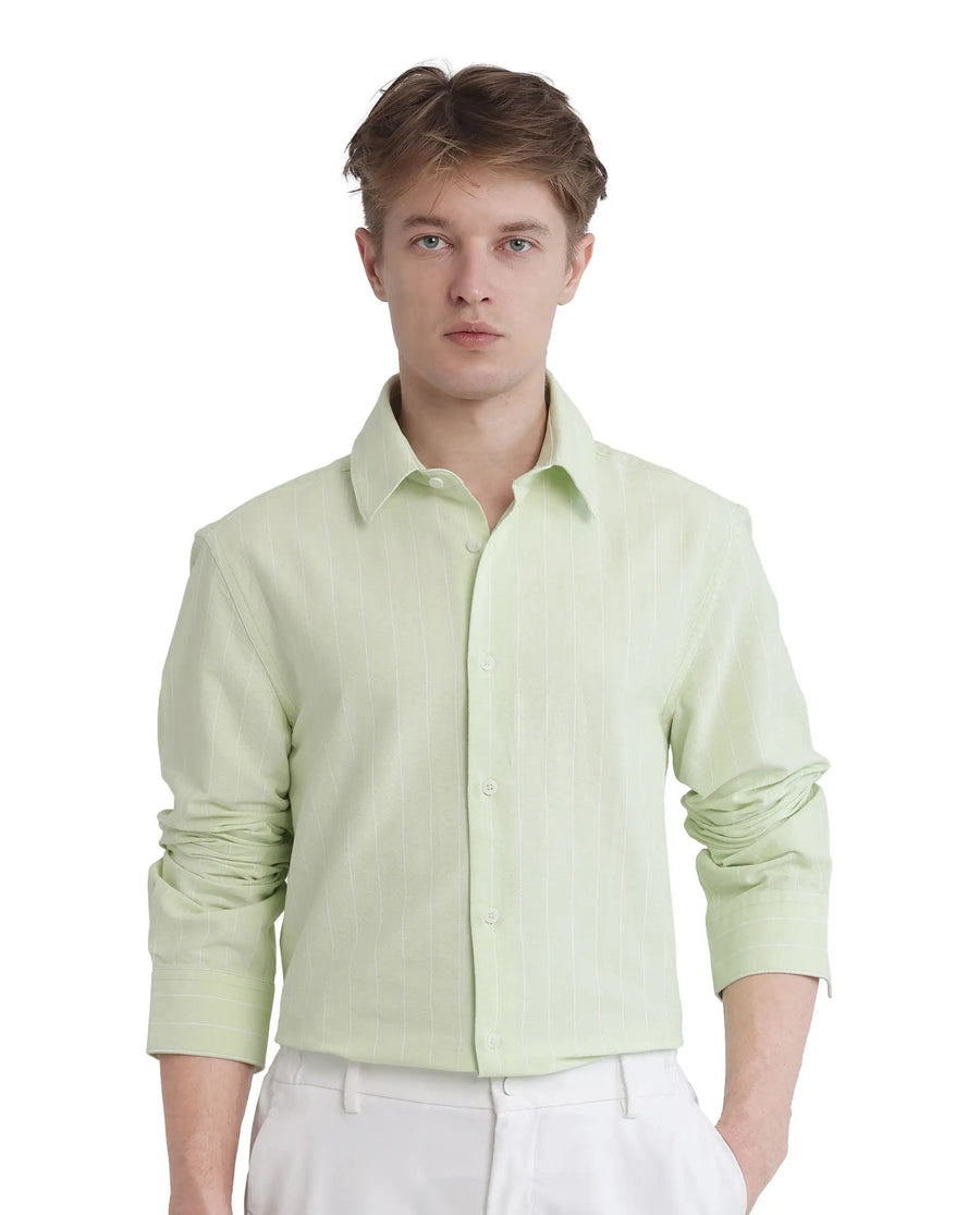Rare Rabbit Men's Lorg Light Green Cotton Striped Print Regular Fit Full Sleeve Collared Shirt