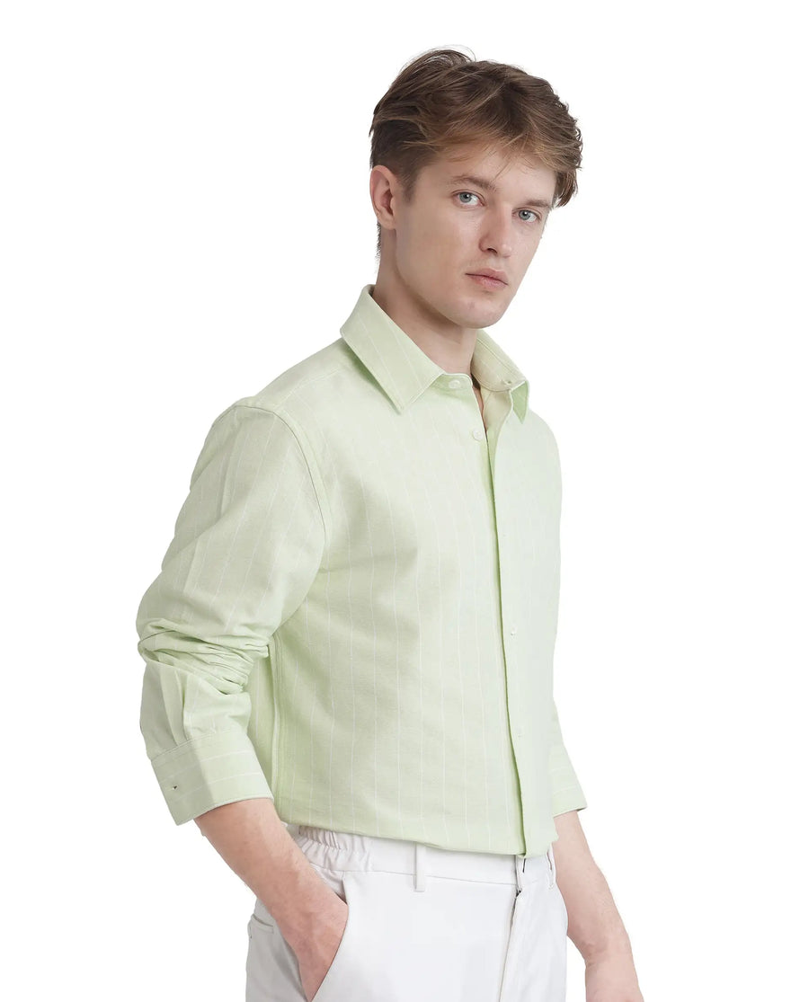 Rare Rabbit Men's Lorg Light Green Cotton Striped Print Regular Fit Full Sleeve Collared Shirt