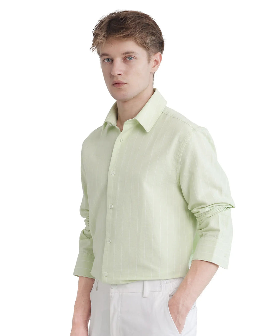 Rare Rabbit Men's Lorg Light Green Cotton Striped Print Regular Fit Full Sleeve Collared Shirt