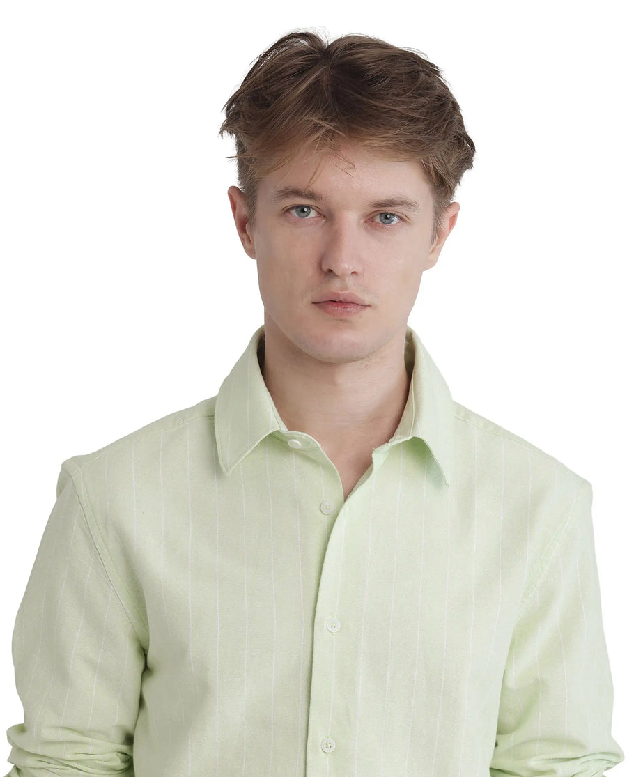Rare Rabbit Men's Lorg Light Green Cotton Striped Print Regular Fit Full Sleeve Collared Shirt