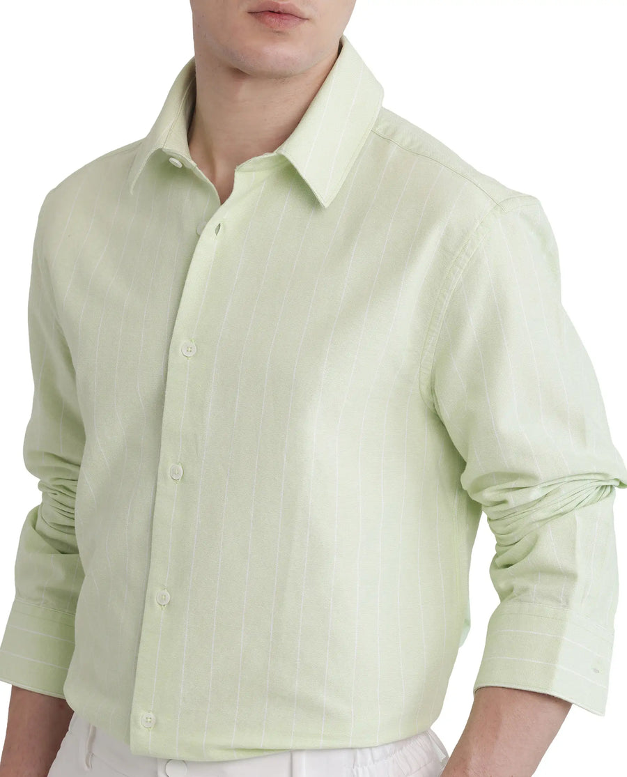 Rare Rabbit Men's Lorg Light Green Cotton Striped Print Regular Fit Full Sleeve Collared Shirt