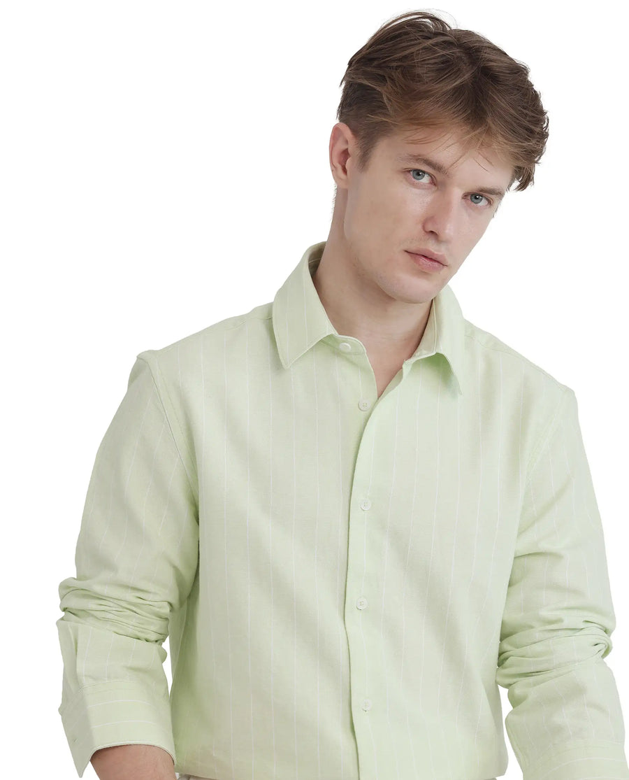 Rare Rabbit Men's Lorg Light Green Cotton Striped Print Regular Fit Full Sleeve Collared Shirt