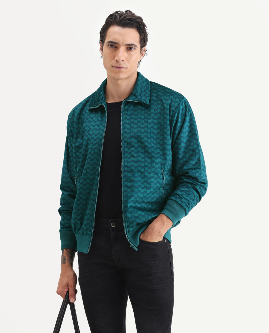 Rare Rabbit Men's Log Teal Cotton Blend Fabric Spread Collar Regular Fit Graphic Print Jacket
