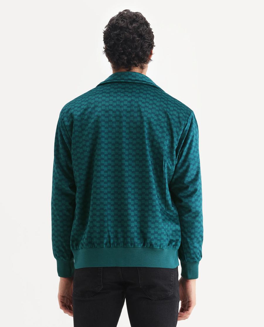 Rare Rabbit Men's Log Teal Cotton Blend Fabric Spread Collar Regular Fit Graphic Print Jacket