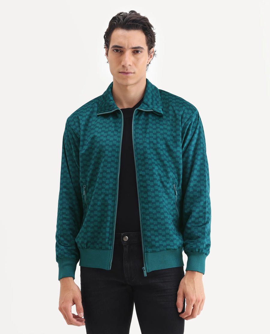 Rare Rabbit Men's Log Teal Cotton Blend Fabric Spread Collar Regular Fit Graphic Print Jacket