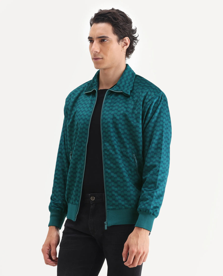 Rare Rabbit Men's Log Teal Cotton Blend Fabric Spread Collar Regular Fit Graphic Print Jacket