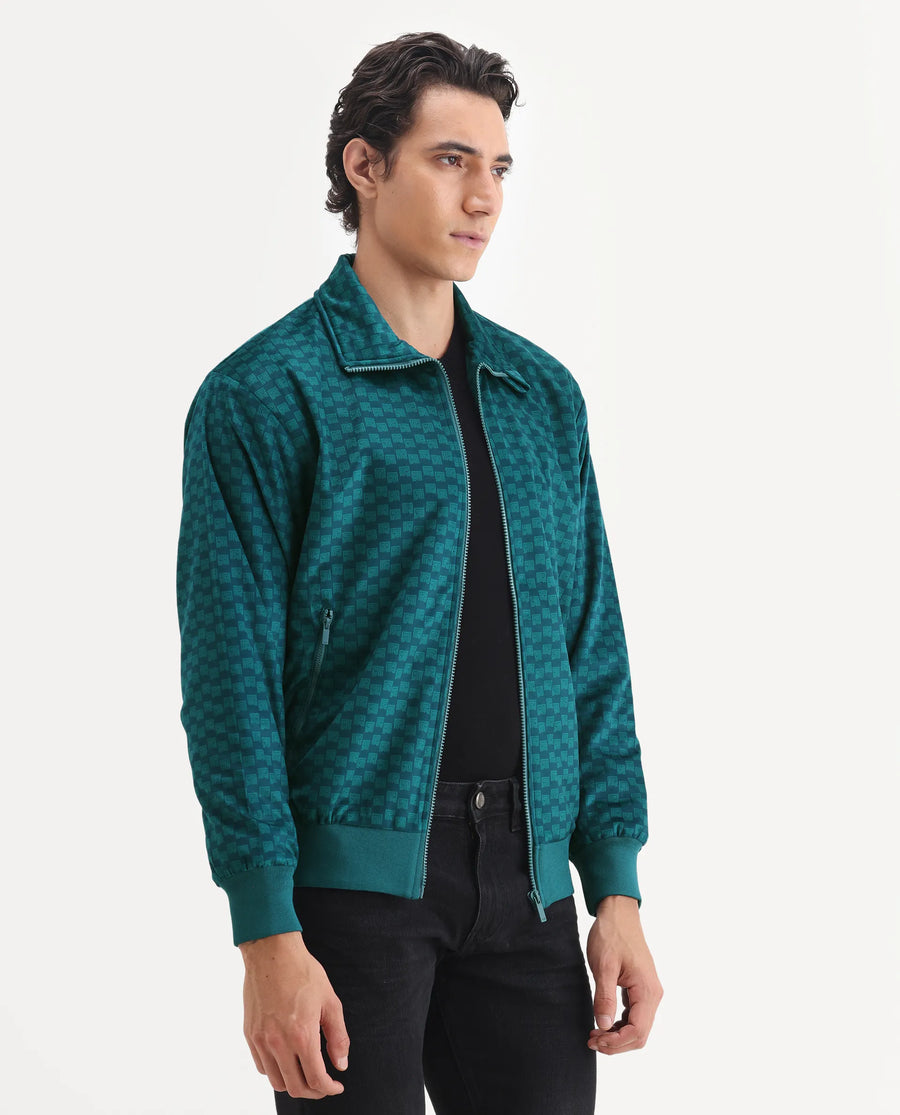 Rare Rabbit Men's Log Teal Cotton Blend Fabric Spread Collar Regular Fit Graphic Print Jacket