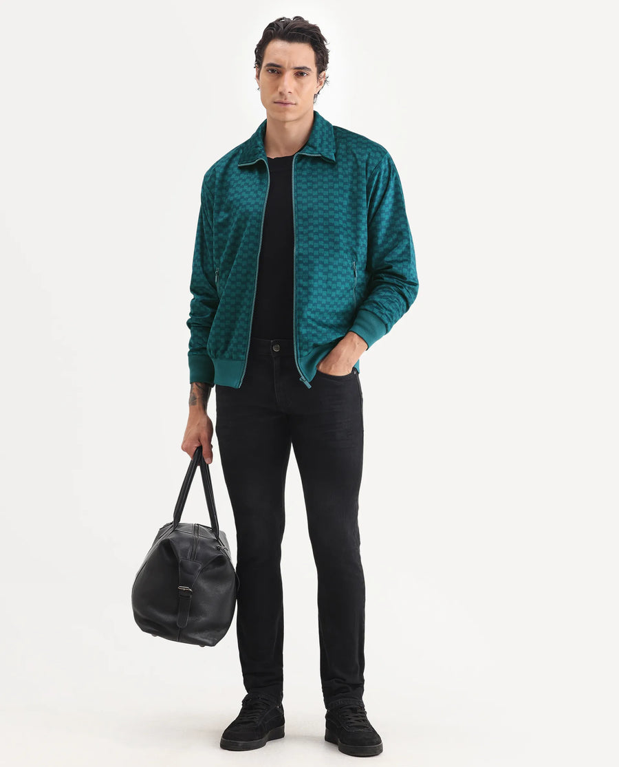 Rare Rabbit Men's Log Teal Cotton Blend Fabric Spread Collar Regular Fit Graphic Print Jacket