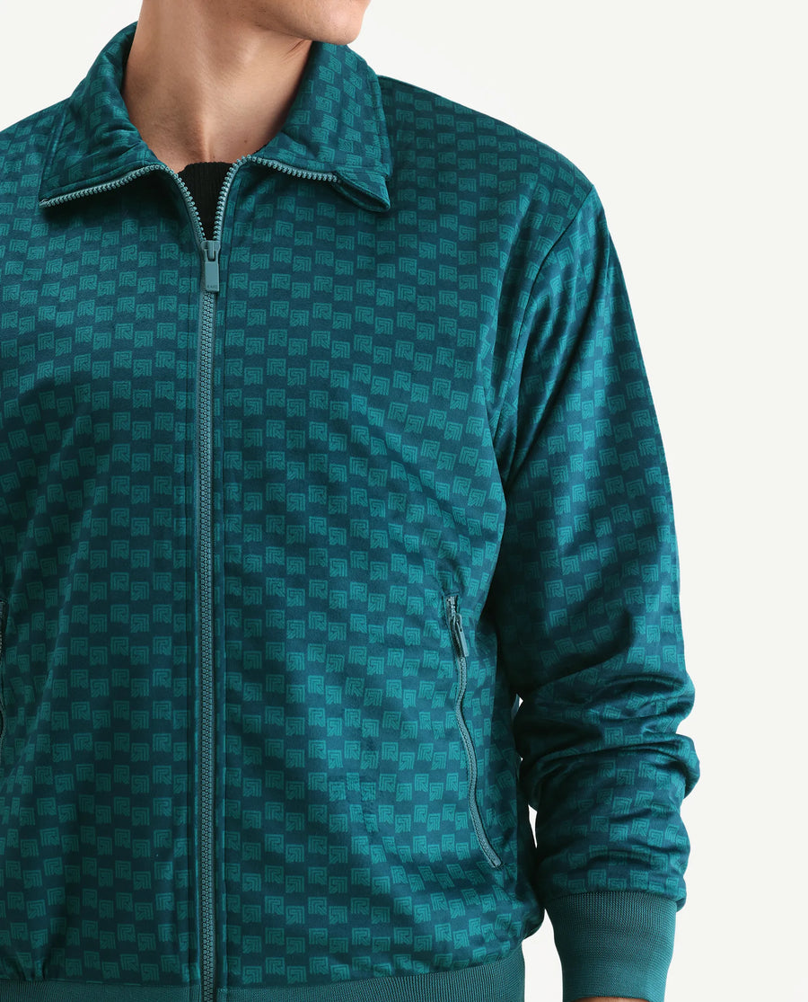 Rare Rabbit Men's Log Teal Cotton Blend Fabric Spread Collar Regular Fit Graphic Print Jacket