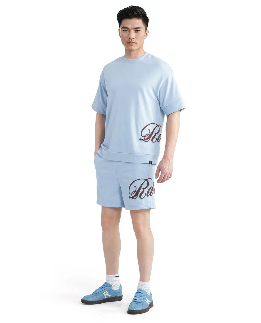 Rare Rabbit Men's Loit Light Blue Cotton Blend Embroidered Oversized Fit Half Sleeve Crew Neck T-Shirt
