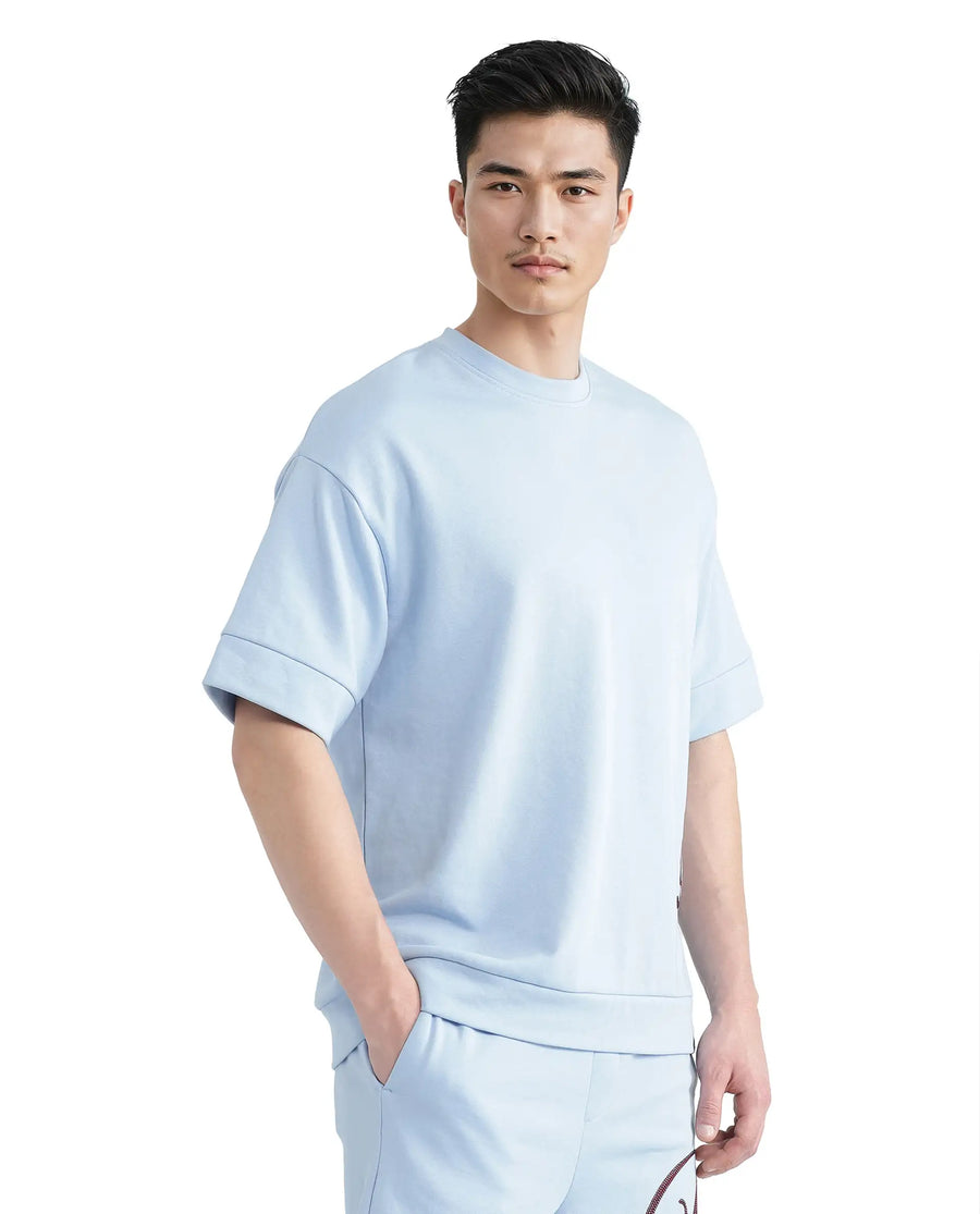 Rare Rabbit Men's Loit Light Blue Cotton Blend Embroidered Oversized Fit Half Sleeve Crew Neck T-Shirt