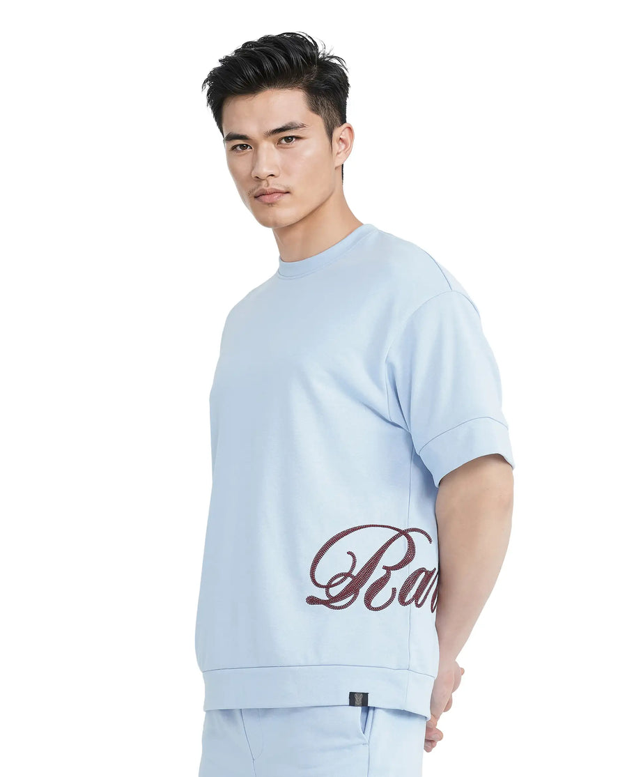 Rare Rabbit Men's Loit Light Blue Cotton Blend Embroidered Oversized Fit Half Sleeve Crew Neck T-Shirt
