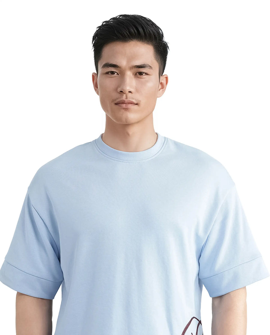 Rare Rabbit Men's Loit Light Blue Cotton Blend Embroidered Oversized Fit Half Sleeve Crew Neck T-Shirt