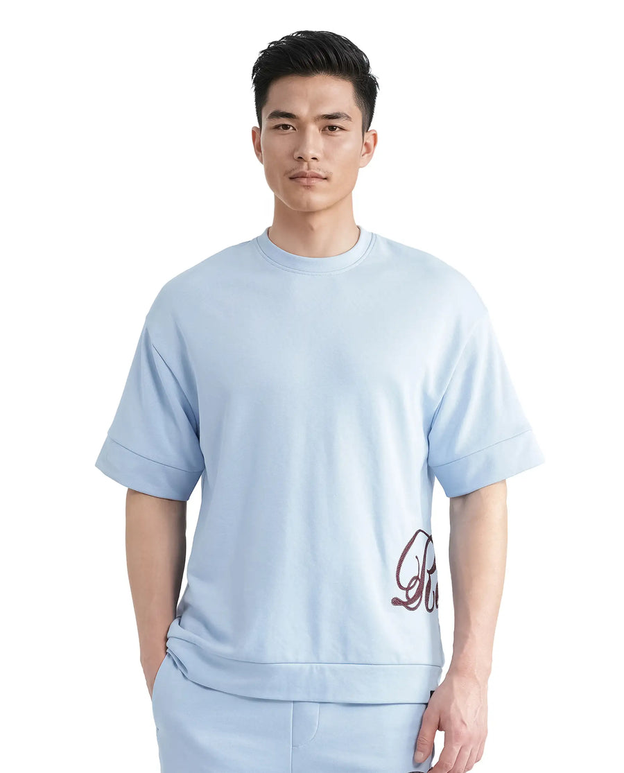 Rare Rabbit Men's Loit Light Blue Cotton Blend Embroidered Oversized Fit Half Sleeve Crew Neck T-Shirt