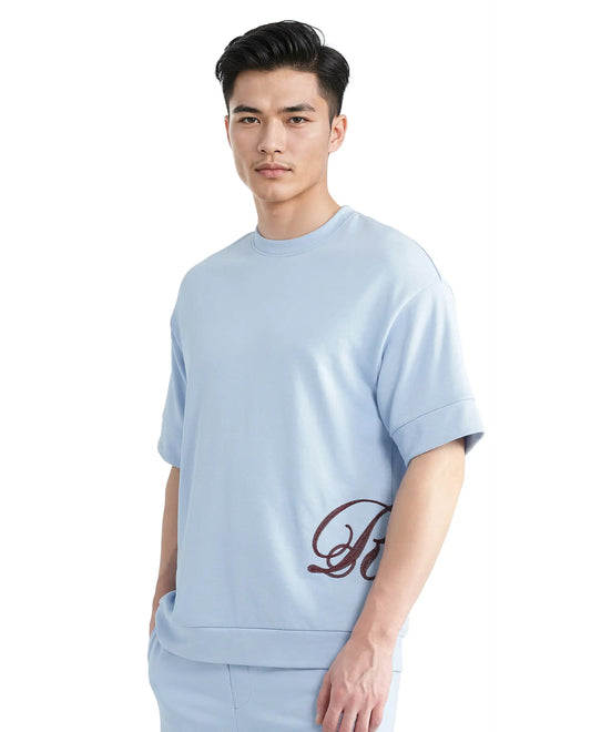 Rare Rabbit Men's Loit Light Blue Cotton Blend Embroidered Oversized Fit Half Sleeve Crew Neck T-Shirt