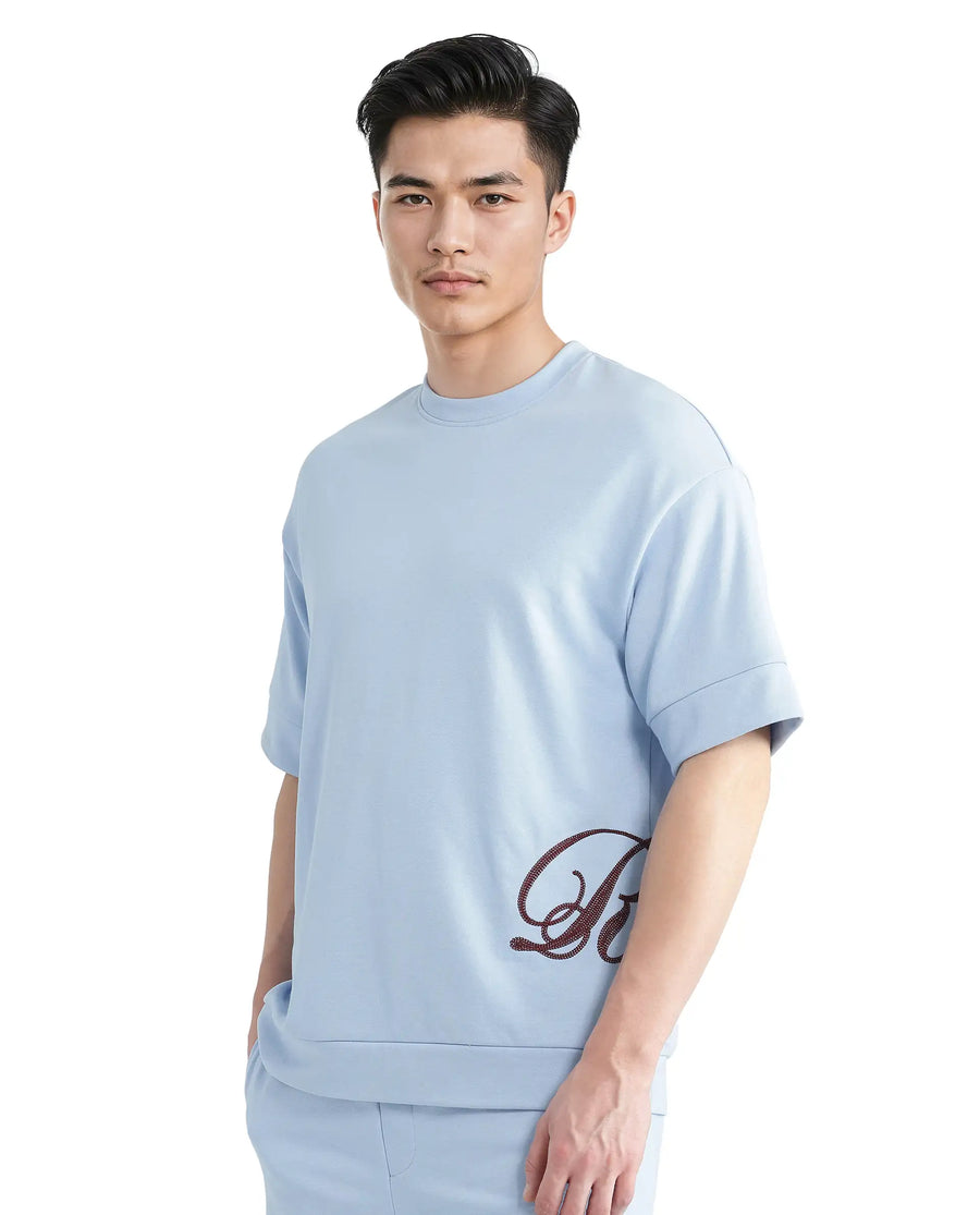 Rare Rabbit Men's Loit Light Blue Cotton Blend Embroidered Oversized Fit Half Sleeve Crew Neck T-Shirt