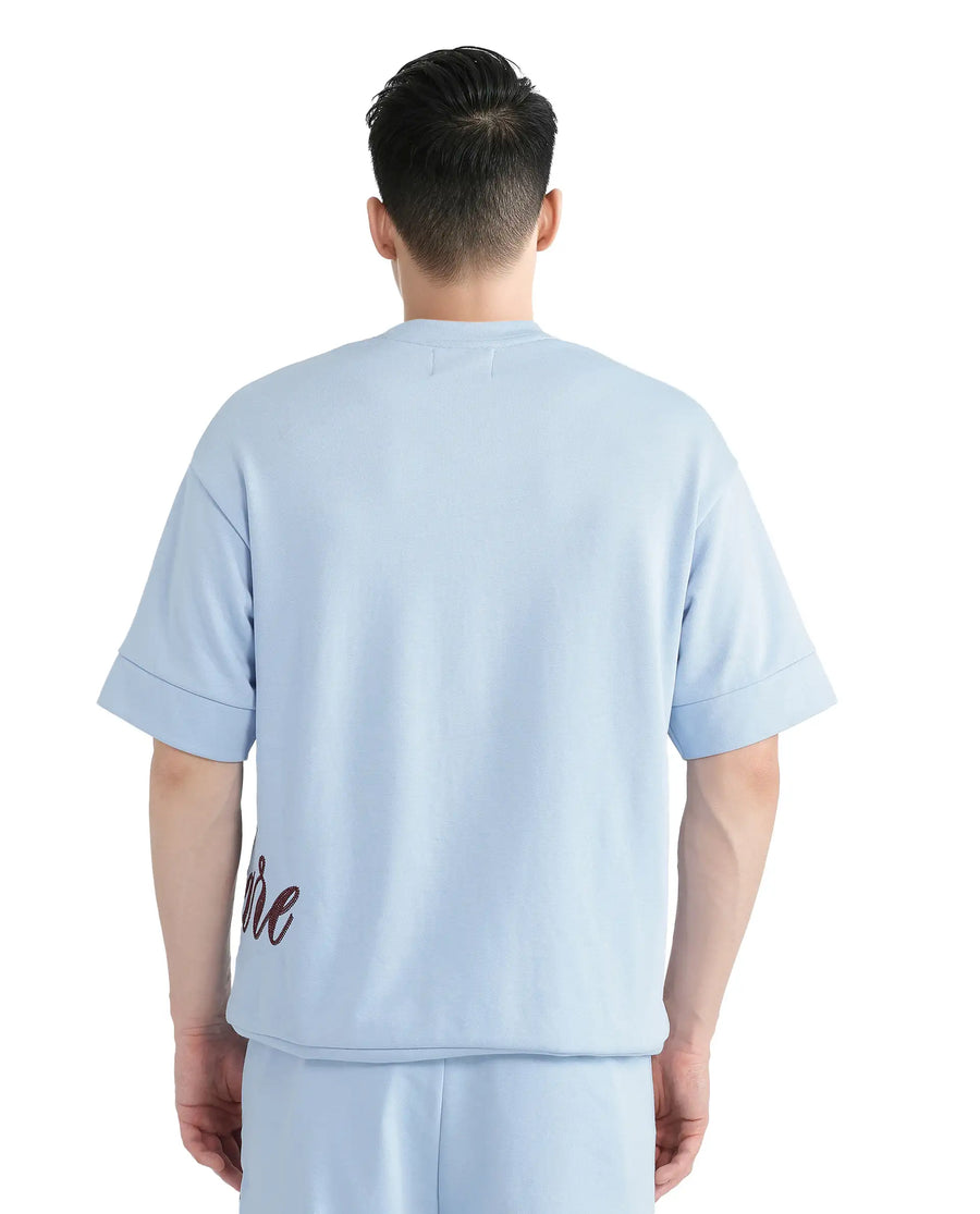 Rare Rabbit Men's Loit Light Blue Cotton Blend Embroidered Oversized Fit Half Sleeve Crew Neck T-Shirt