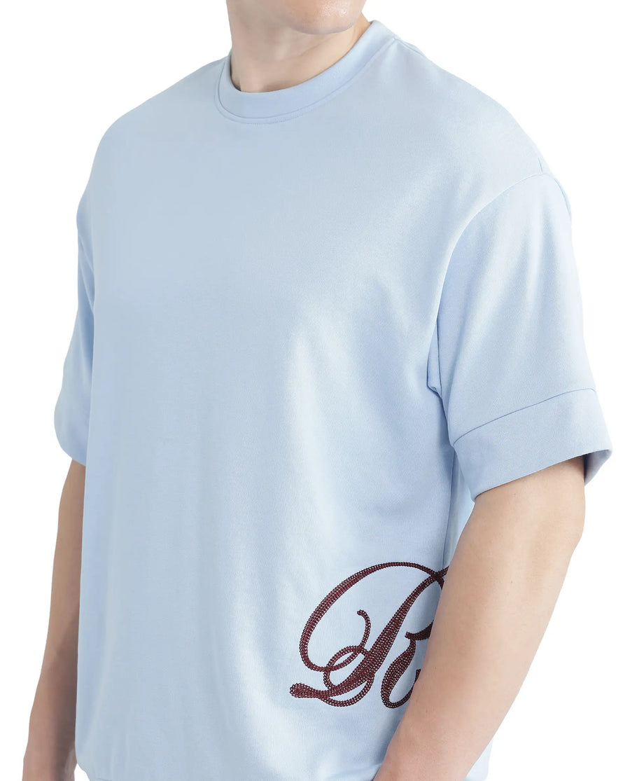 Rare Rabbit Men's Loit Light Blue Cotton Blend Embroidered Oversized Fit Half Sleeve Crew Neck T-Shirt