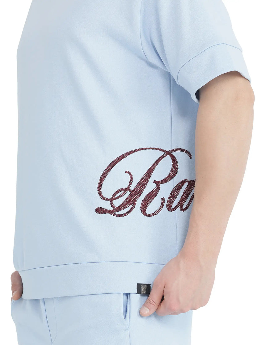 Rare Rabbit Men's Loit Light Blue Cotton Blend Embroidered Oversized Fit Half Sleeve Crew Neck T-Shirt