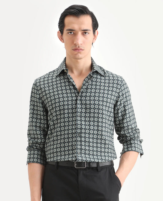Rare Rabbit Men's Lojo L Dusky Green Viscose Fabric Full Sleeve Spread Collar Regular Fit Geometric Print Shirt