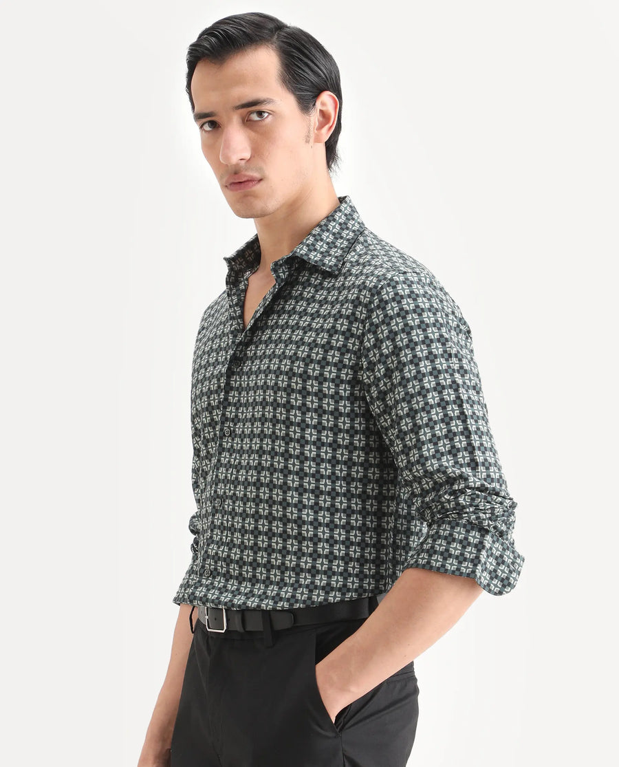 Rare Rabbit Men's Lojo L Dusky Green Viscose Fabric Full Sleeve Spread Collar Regular Fit Geometric Print Shirt