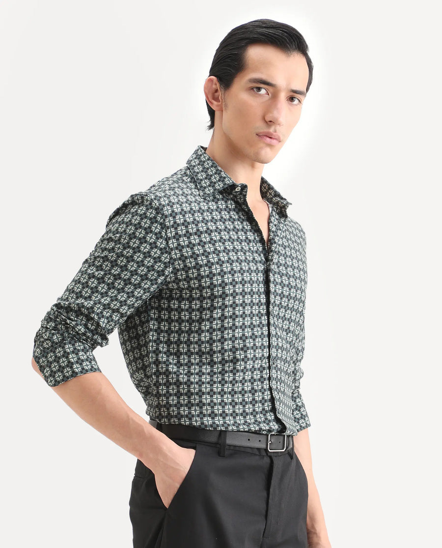 Rare Rabbit Men's Lojo L Dusky Green Viscose Fabric Full Sleeve Spread Collar Regular Fit Geometric Print Shirt