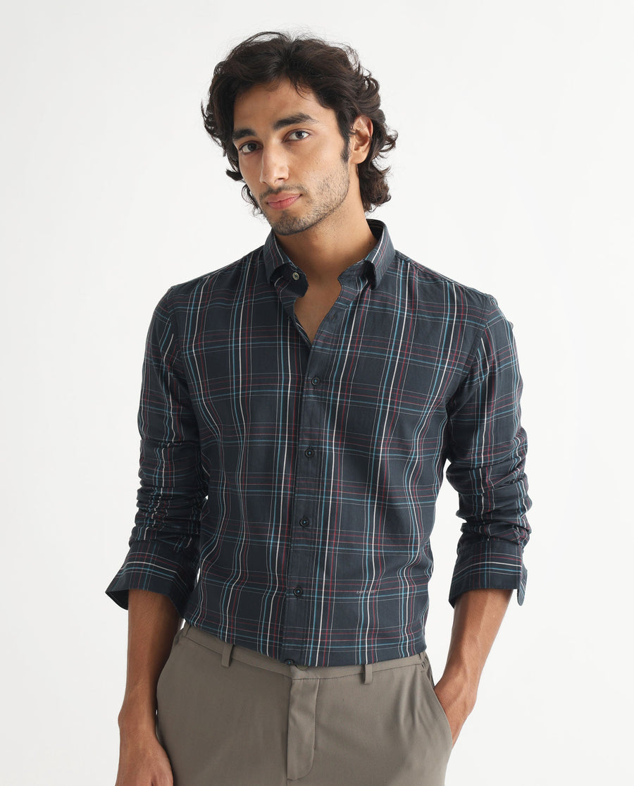 Rare Rabbit Men's Lome Navy Cotton Checked Print Regular Fit Full Sleeve Collared Shirt
