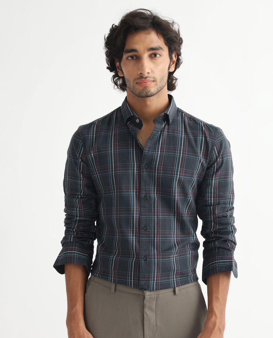 Rare Rabbit Men's Lome Navy Cotton Checked Print Regular Fit Full Sleeve Collared Shirt