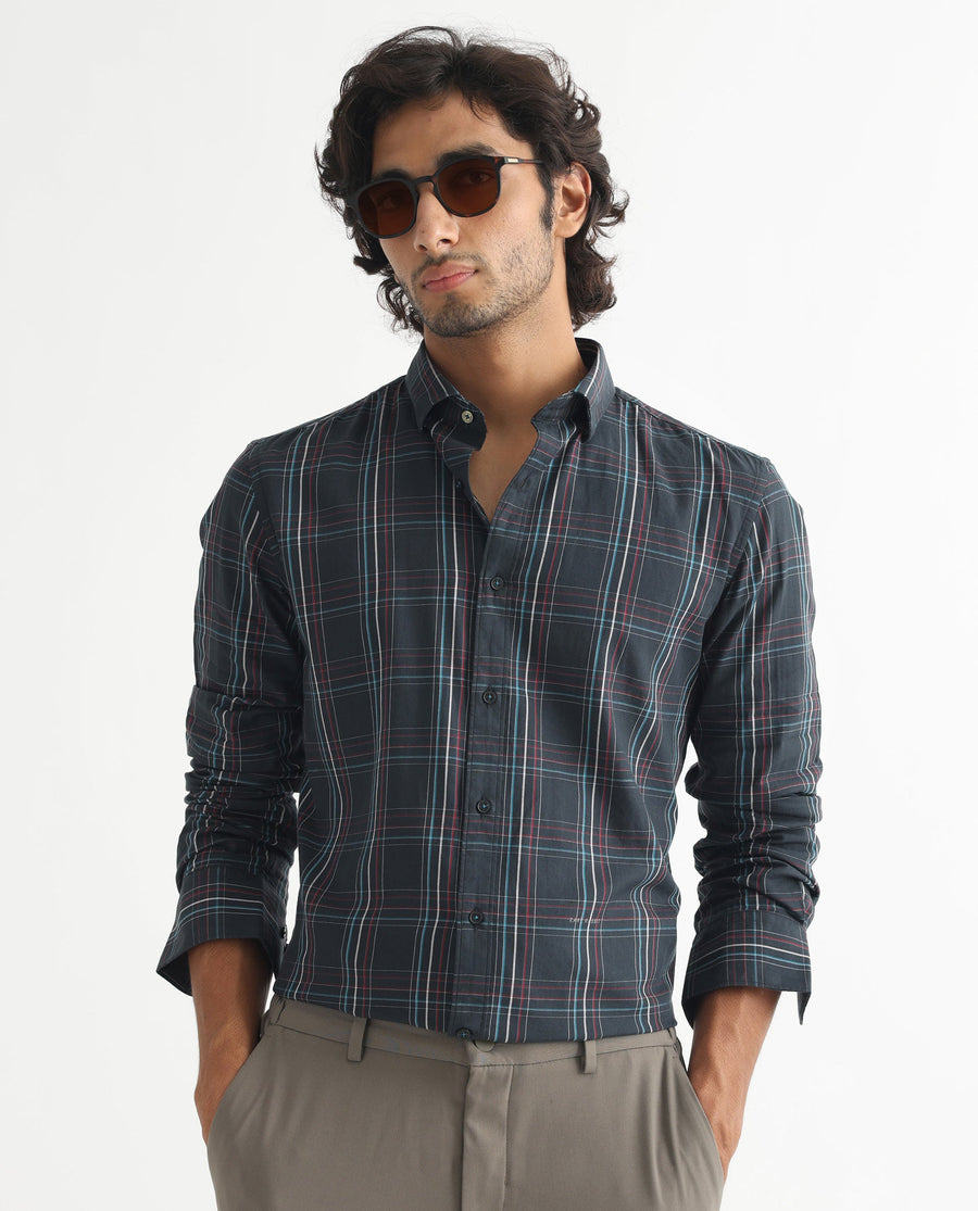 Rare Rabbit Men's Lome Navy Cotton Checked Print Regular Fit Full Sleeve Collared Shirt