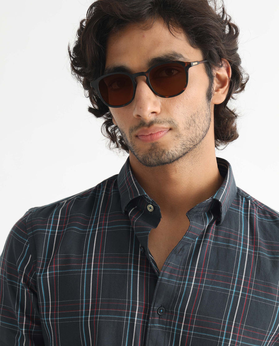 Rare Rabbit Men's Lome Navy Cotton Checked Print Regular Fit Full Sleeve Collared Shirt