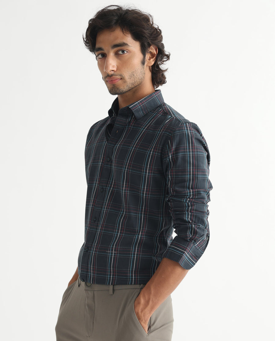 Rare Rabbit Men's Lome Navy Cotton Checked Print Regular Fit Full Sleeve Collared Shirt
