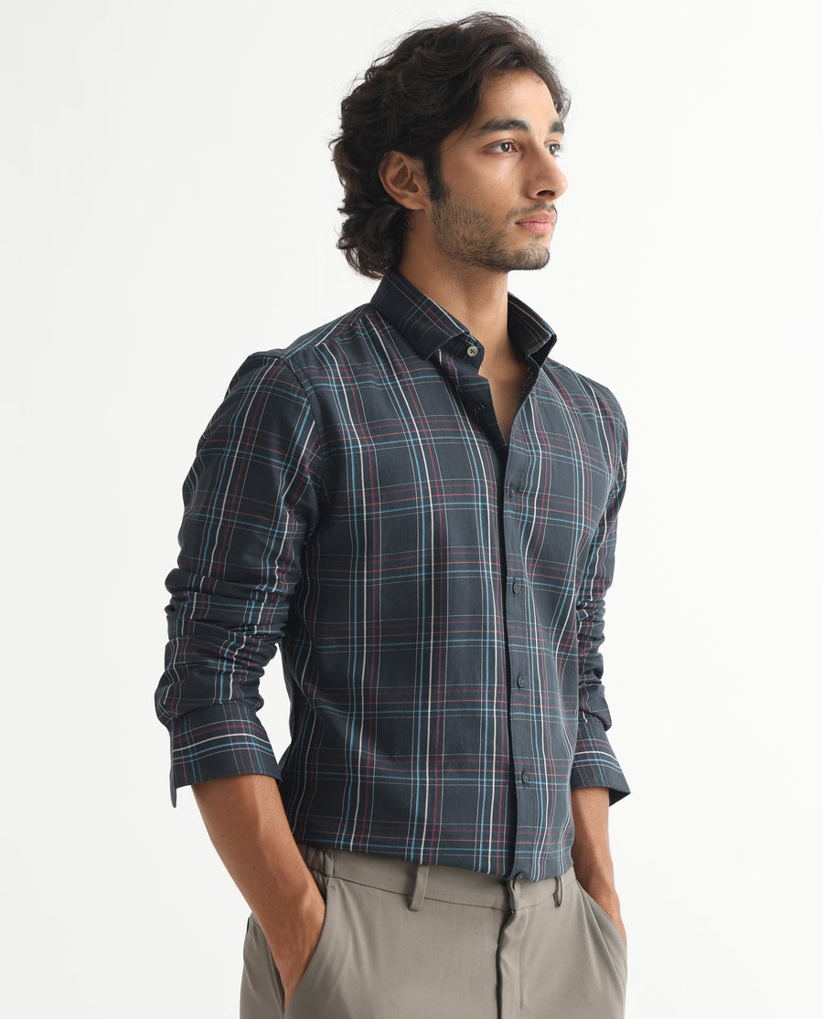 Rare Rabbit Men's Lome Navy Cotton Checked Print Regular Fit Full Sleeve Collared Shirt