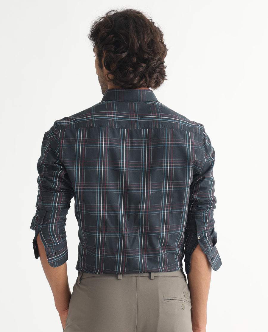 Rare Rabbit Men's Lome Navy Cotton Checked Print Regular Fit Full Sleeve Collared Shirt