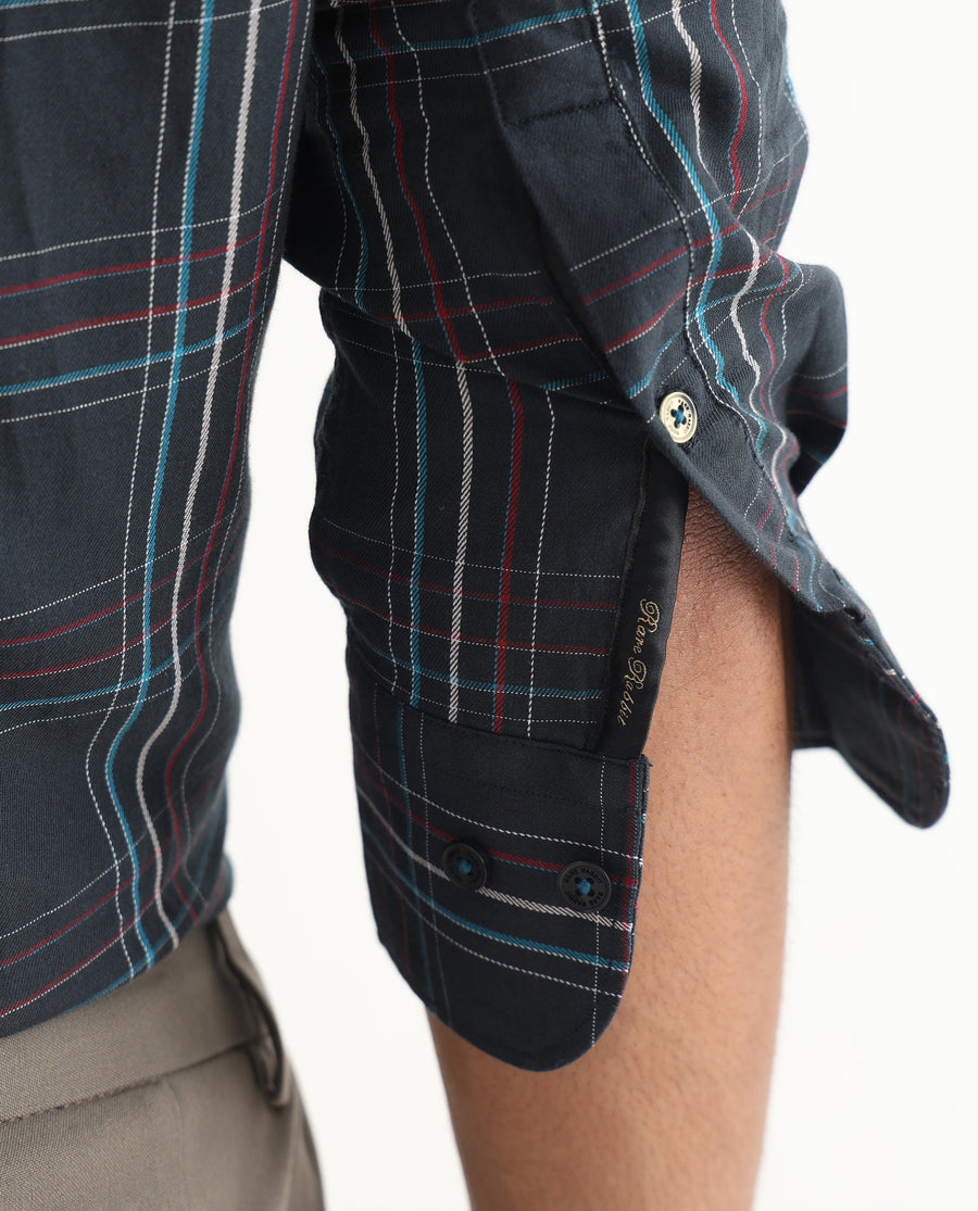 Rare Rabbit Men's Lome Navy Cotton Checked Print Regular Fit Full Sleeve Collared Shirt