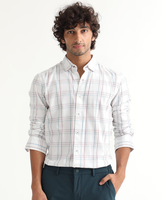 Rare Rabbit Men's Lome White Cotton Checked Print Regular Fit Full Sleeve Collared Shirt