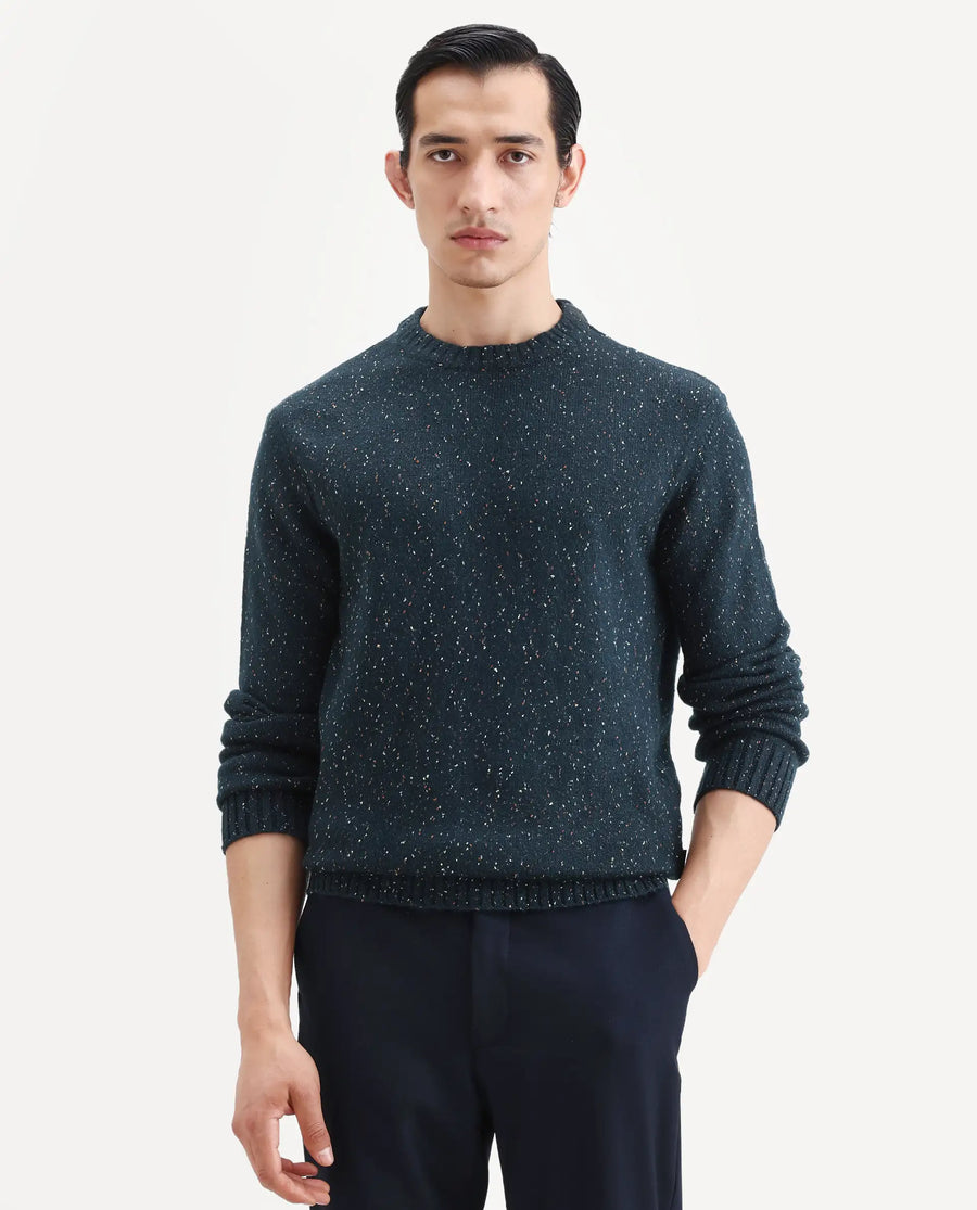 Rare Rabbit Men's Lomo Dark Navy Acrylic Printed Regular Fit Full Sleeve Crew Neck Sweater