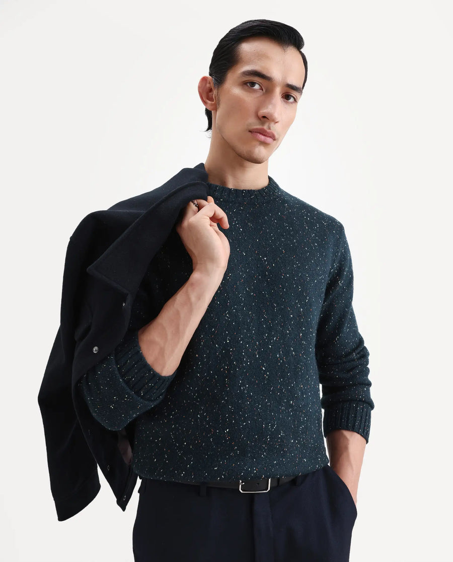 Rare Rabbit Men's Lomo Dark Navy Acrylic Printed Regular Fit Full Sleeve Crew Neck Sweater