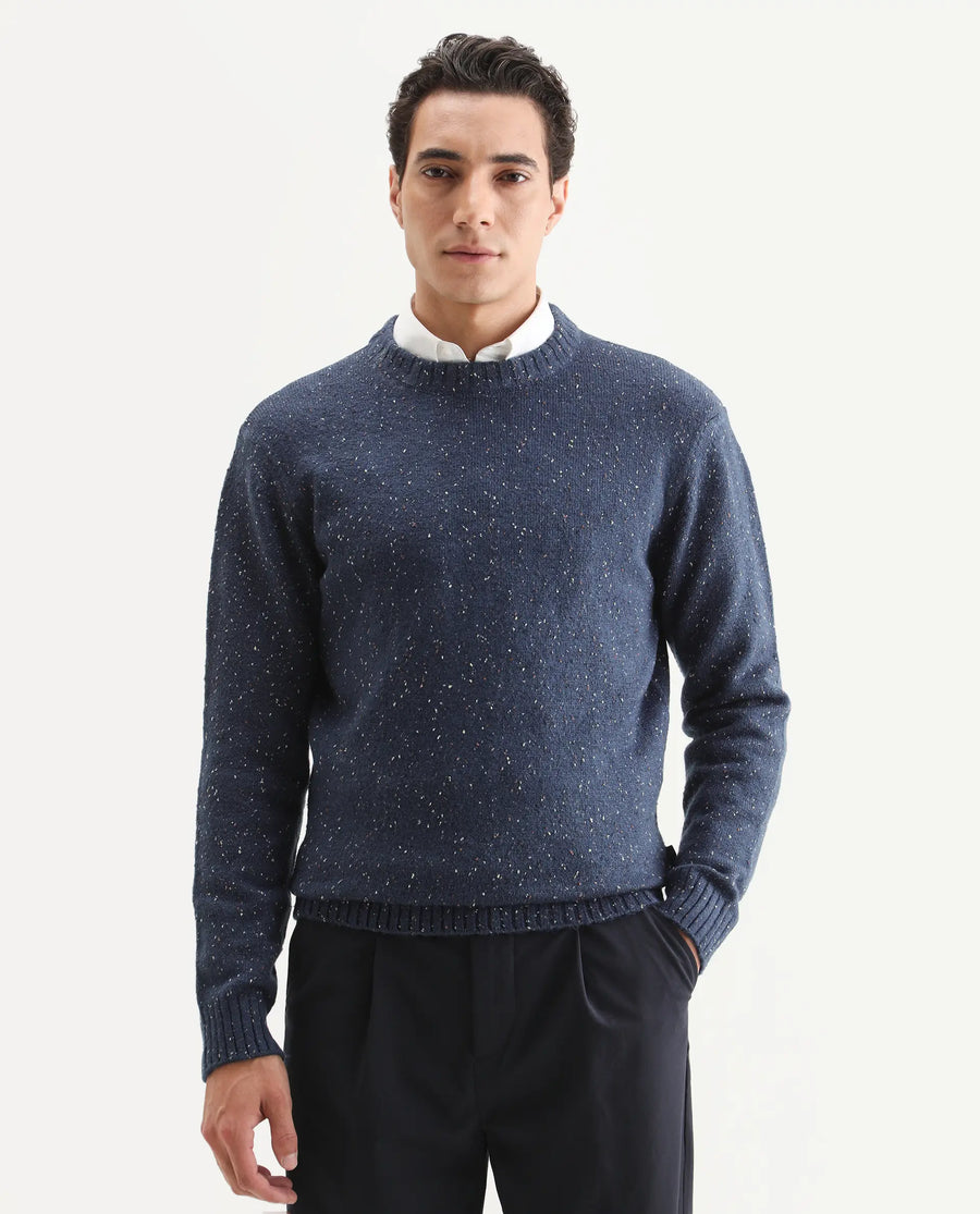 Rare Rabbit Men's Lomot Dark Purple Cotton Fabric Crew Neck Regular Fit Speckled Print Sweater