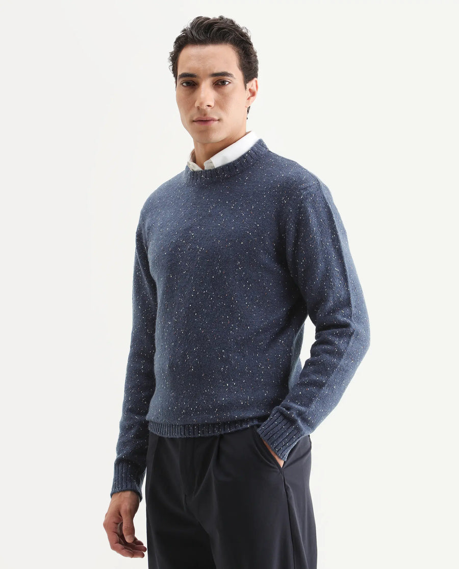 Rare Rabbit Men's Lomot Dark Purple Cotton Fabric Crew Neck Regular Fit Speckled Print Sweater