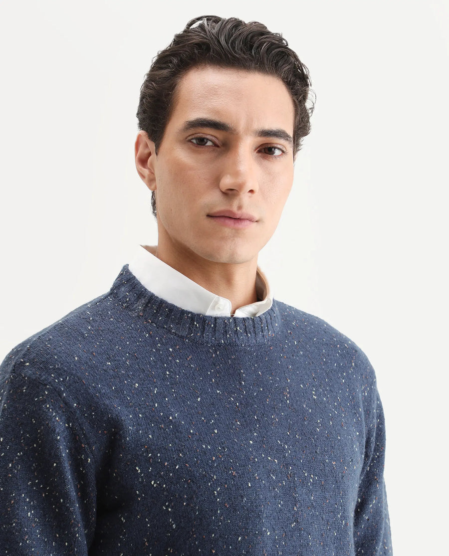 Rare Rabbit Men's Lomot Dark Purple Cotton Fabric Crew Neck Regular Fit Speckled Print Sweater