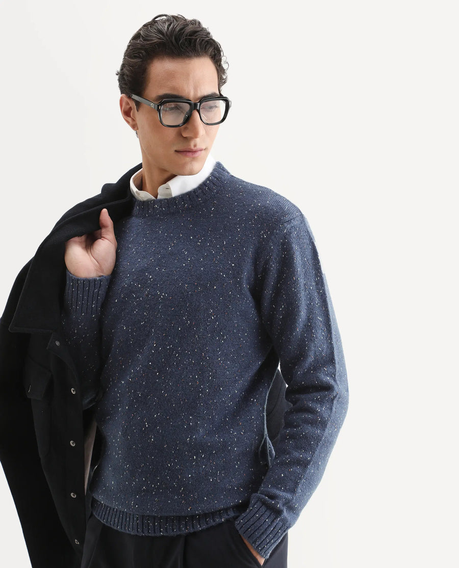 Rare Rabbit Men's Lomot Dark Purple Cotton Fabric Crew Neck Regular Fit Speckled Print Sweater