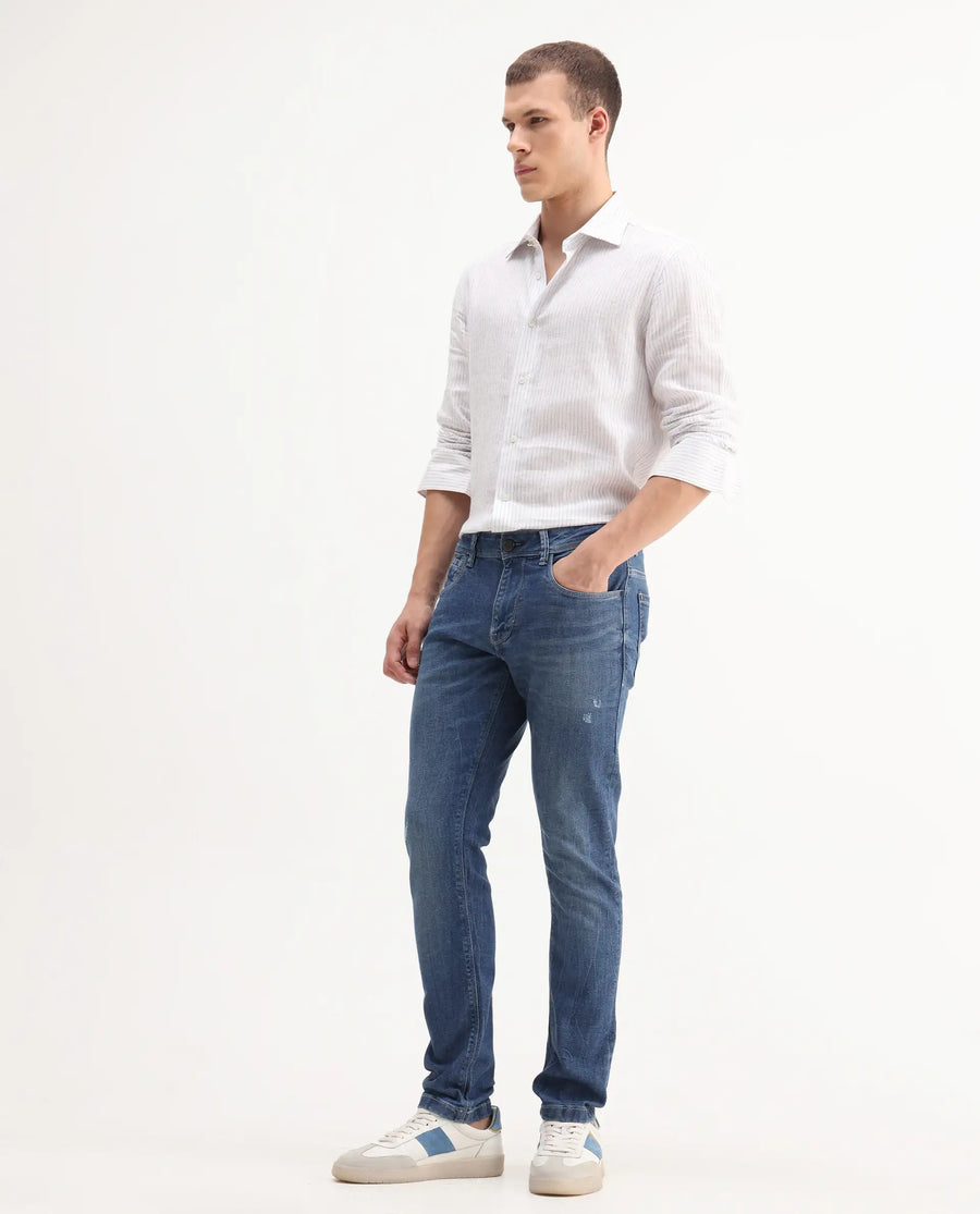 Rare Rabbit Men's Lonar Blue Cotton Blend Plain Hawk Slim Fit Jeans