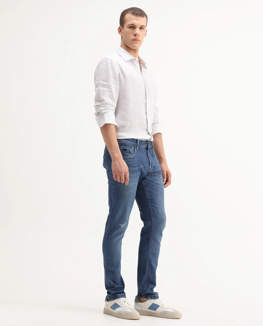 Rare Rabbit Men's Lonar Blue Cotton Blend Plain Hawk Slim Fit Jeans